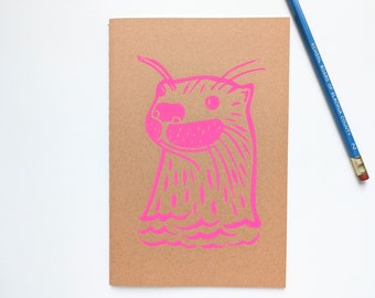 Block Print Notebook - Otter in Pink - unruled pages -