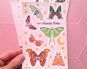 Colorful Moth Stickers - Sticker sheet with assorted butterfly illustrations - Vinyl sticker sheet with nocturnal pollinators