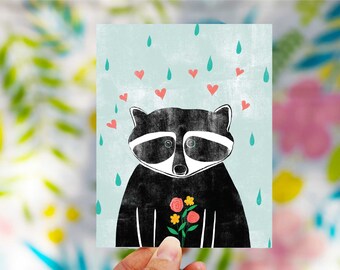 Raccoon Valentine's Day Card - Trash Panda with Flowers