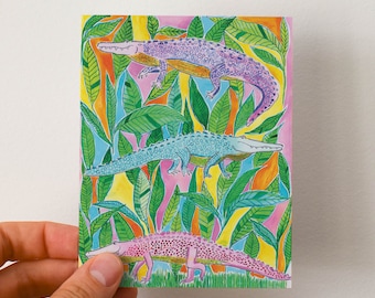 Alligator Card - Greeting card with colorful watercolor alligators. Crocodile birthday card. Florida birthday card.