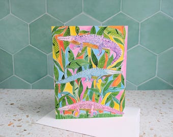 Watercolor Alligator Greeting Card - Colorful Crocodile Birthday Card