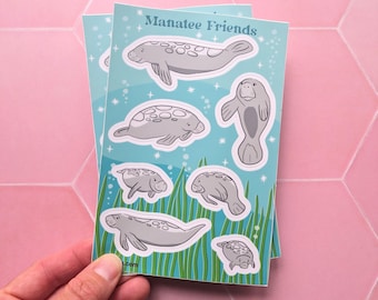 Manatee Sticker Sheet - 7 Vinyl Waterproof Manatee Stickers