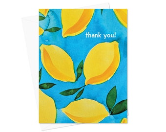 Thank You Card - Watercolor Lemons - Friendship Card - blue yellow lemons