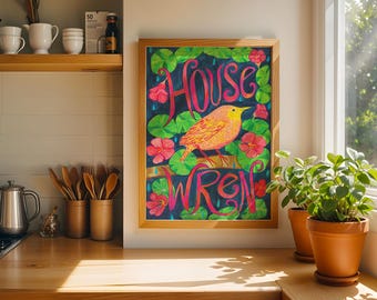 House Wren Art Print | Nasturtium Flowers, Bird Illustration (11x17)