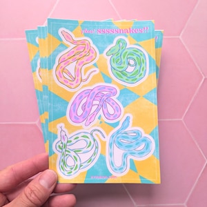 Snakes Sticker Sheet - 4x6 vinyl sticker sheet with 5 colorful python snakes in pink, green, purple, and blue