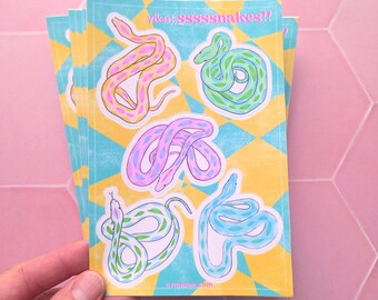 Snakes Sticker Sheet - 4x6 vinyl sticker sheet with 5 colorful python snakes in pink, green, purple, and blue