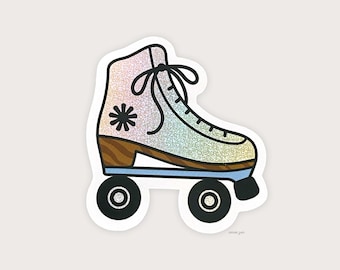 May include: A white roller skate with a rainbow glitter finish and brown wheels. The skate has a black flower design on the side.