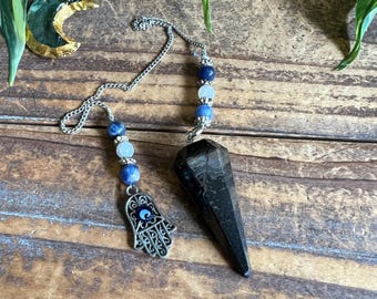 Pendolo Hamsa Occhio di Tigre Blu - Hawk Exe, Fatima, Cristalli