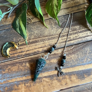 May include: A green stone pendulum with a silver-toned chain featuring black and grey beads and a dragonfly charm, alongside a crescent moon pendant with a gold-toned edge on a thin chain, both resting near green leaves.