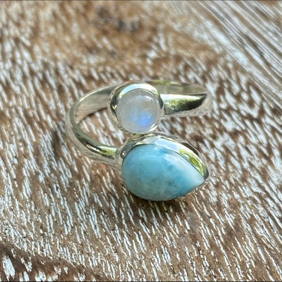 Larimar and Rainbow Moonstone Crystal Ring