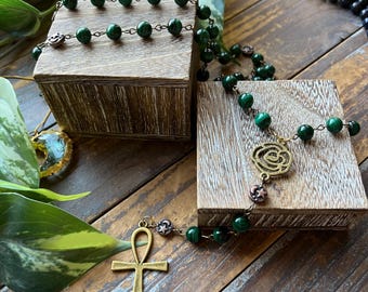 Malachite Rosary - Attuned to Goddess Hathor - Prayer Beads, Crystals, Mala, Jewelry, Necklace