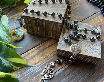 Hematite Rosary - Norse, Odin, Wolf - Prayer Beads, Crystals, Mala, Jewelry, Necklace