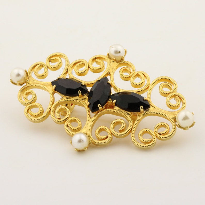wedding bridal crystal great gatsby Vintage gold filigree brooch black rhinestones white pearls