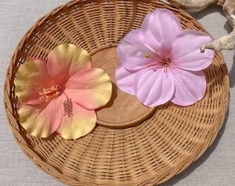 Barrette à cheveux imitation fleur rose et pamplemousse rose et hibiscus