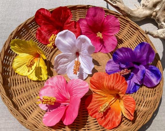 Pince à cheveux fleur d&#39;hibiscus jaune, rose, blanche, rouge, fuchsia, orange et violette de 5 po.