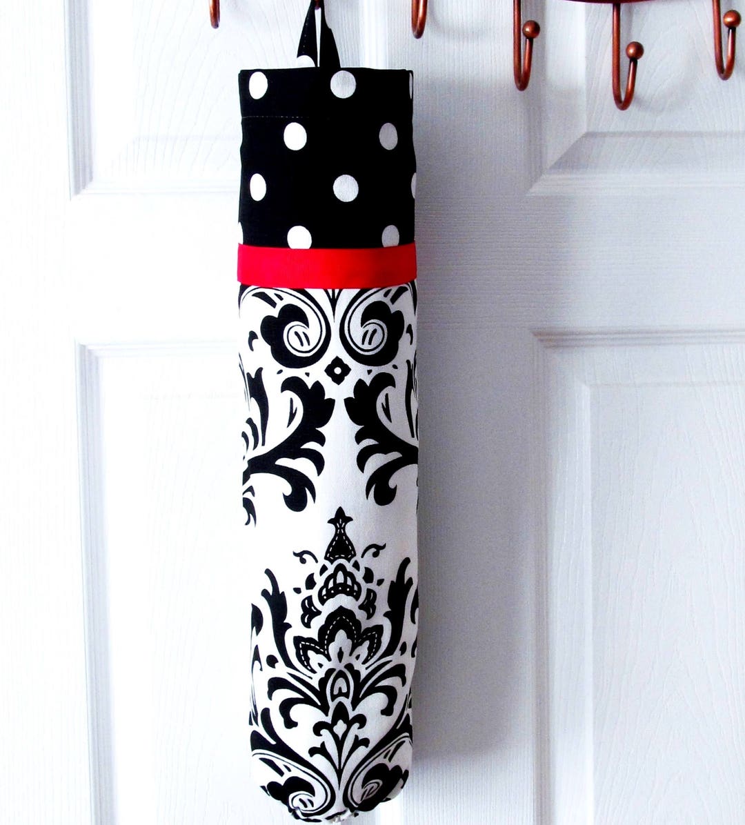 Large Plastic Bag Holder/ Black White and Red/ Polka Dots Damask