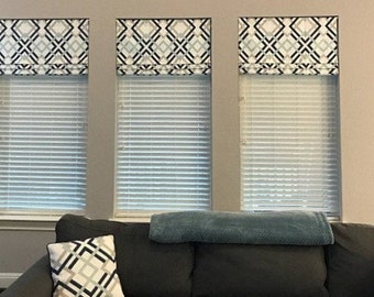 Faux Roman Shade/ Lined Mock Roman Valance/ Geometric Navy-Aqua-Grey-White/ Custom Sizing Available! #166