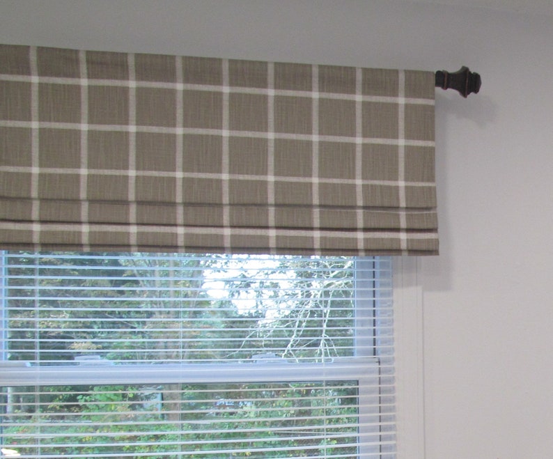Modern Farmhouse Faux Roman Shade Lined Mock Valance Check Gingham Plaid Windowpane Slub Ecru Custom Sizing Available!
