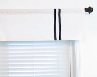 NEW!!! Modern Straight Valance/ White & Navy Vertical Stripe/  Ribbon Trimmed Curtain/  Original Design!
