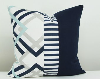 Navy & White Nautical Pillow/Color Block Pillow Cover/ Geometric Decorative Pillow/ Patchwork Pillow/ Throw Pillow Cover