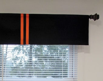 NEW!!! Modern Flat-Straight Valance/ Grosgrain Ribbon Trim/  Black Orange Vertical Stripe/  Original Design!