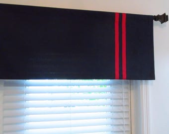 Black Valance with Red Ribbon Trim: Custom Window Curtain Original Design!