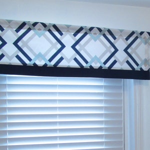 Nautical Valance/  Geometric Curtain with Navy Blue Border/ Navy-Light Blue-Grey-White/ Custom Sizing Available! #166