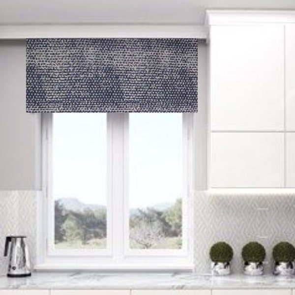 Tailored Straight Window Valance/ Geometric Modern/ Bathroom, Kitchen, Living, Dining/ Zoey Vintage Indigo/ Custom Sizing Available! #144