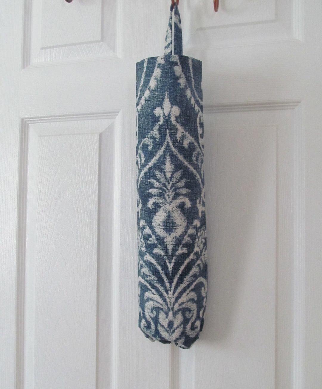 Large Plastic Bag Holder / Denim Blue Damask/ Plastic Bag Dispenser