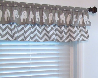 Nursery Decor/ Window Valance/ Two Tiered Curtain/  Elephant Chevron  Polka Dot Gray/ Custom Sizing Available!