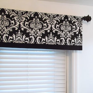 Black & White Trimmed Window Valance/  Banded  Curtain Black and White Damask/ Custom Sizing Available! #119