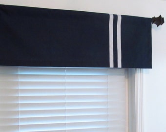 NEW!!! Modern Straight Valance/ Grosgrain Ribbon Trim/  Navy White Vertical Stripe/  Original Design!