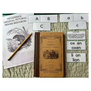 Oryginalne fiszki z eklektycznym podręcznikiem obrazkowym McGuffey'ego i prosty przewodnik