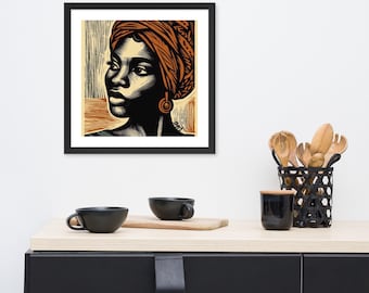 Ingelijste afrokunstdruk, portret zwarte vrouw