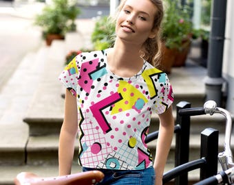 80s Abstract Print Crop Top, All-Over Print Tee