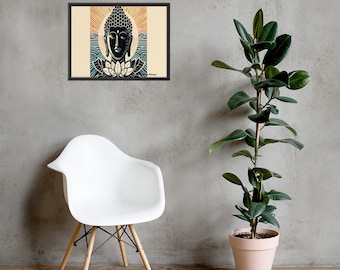 Linocut style Buddha Print Dark Framed Meditation Poster Art