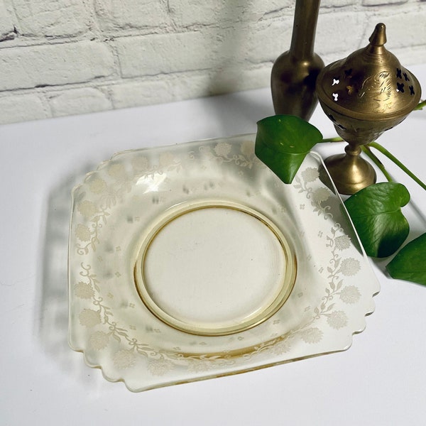 Vintage Etched Floral Yellow Square Dish