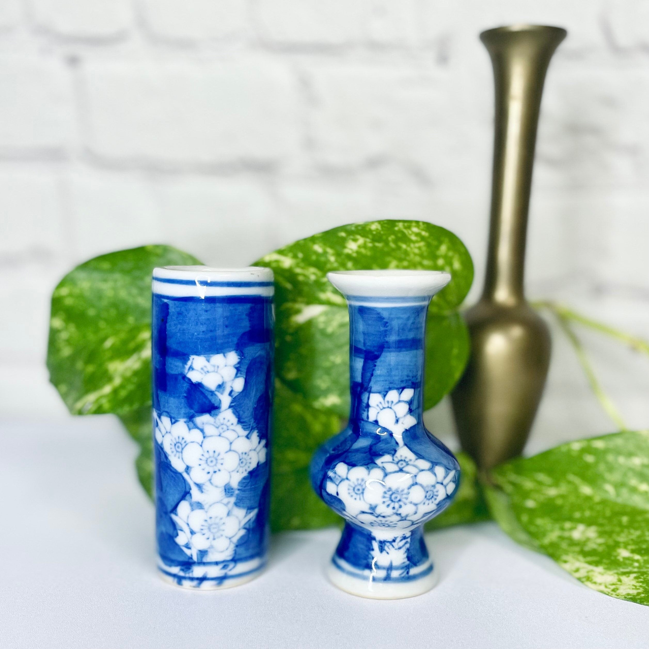 Pair of Vintage Chinese Blue Floral Bud Vases