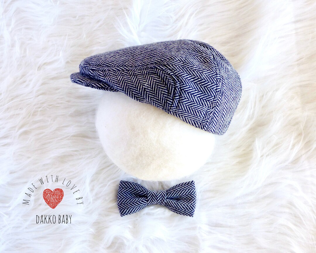Baby Boy Newsboy Cap and Bow Tie Set, Herringbone Wool Hat and Bowtie