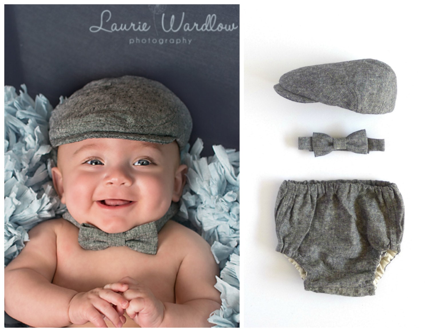 Boy baby gift set black linen hat bow tie and bloomer set Etsy