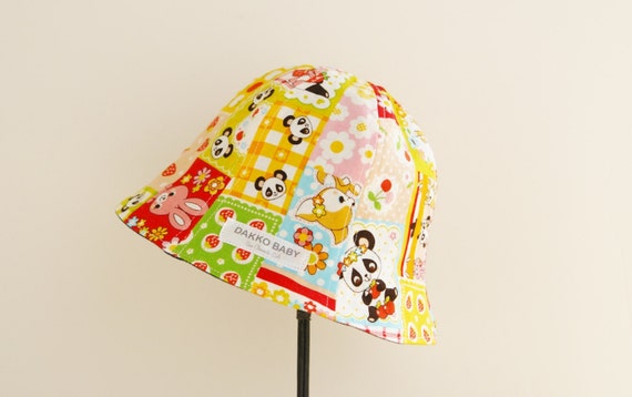 Reversible Baby Summer Hat, Panda Print, Kawaii Japanese Denim, Made to Order