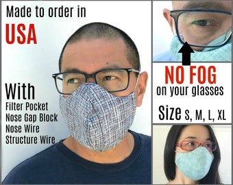 No fog face mask for glasses wearer with filter pocket and nose wire, Original  anti-fog design, Size S-XL, Made to Order in  USA
