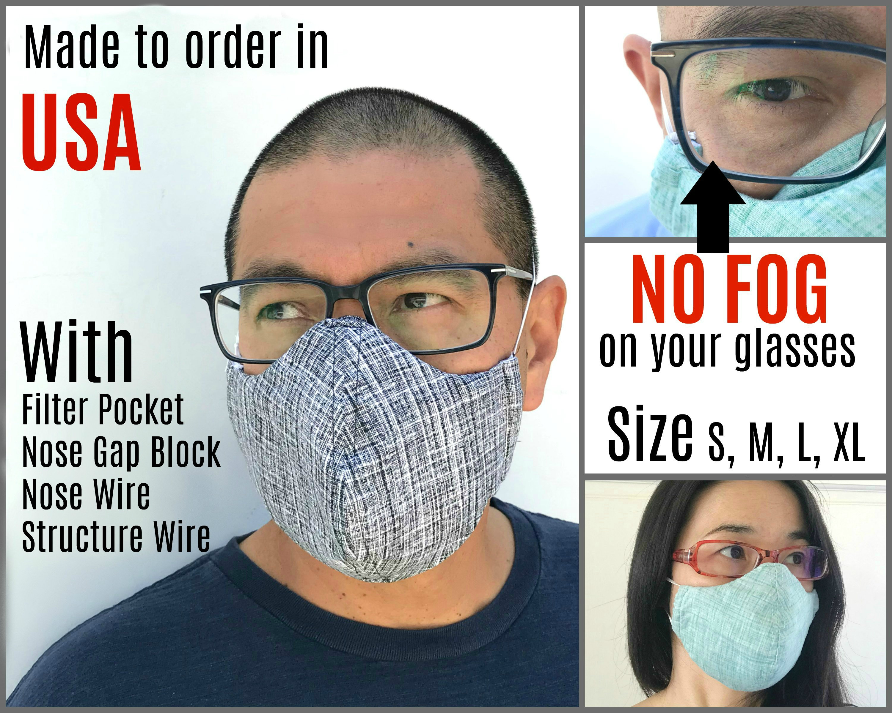 No Fog Face Mask for Glasses Wearer With Filter Pocket and Nose