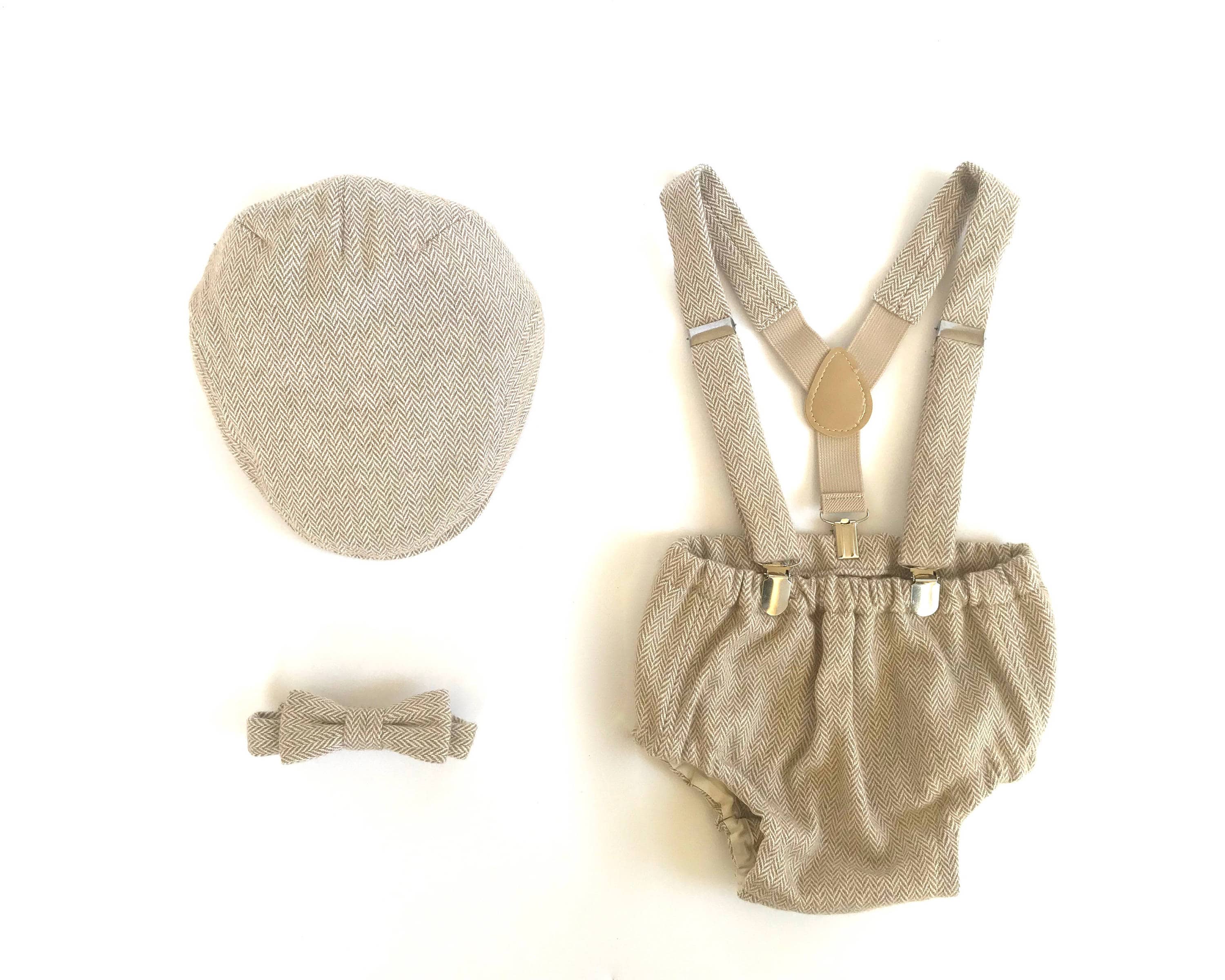Baby Boy First Birthday Herringbone Outfit, Flat Cap, Bow Tie, Diaper Cover, Suspenders
