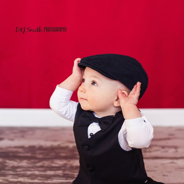 Black baby hat, baby flat cap, baby boy photo prop newsboy hat, black corduroy newsboy cap  - made to order