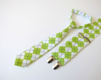 Conjunto de tirantes y corbata para bebé con rombos verde lima
