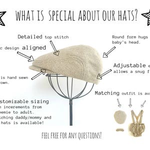 May include: A beige and brown tweed newsboy cap with a detailed top stitch and adjustable elastic band. The cap is displayed on a black stand. The text "WHAT IS SPECIAL ABOUT OUR HATS?" is written above the cap. The text "Fabric design aligned" is written to the left of the cap. The text "Detailed top stitch" is written above the cap. The text "Round form hugs baby's head" is written to the right of the cap. The text "Adjustable elastic allows a snug fit" is written to the right of the cap. The text "Brim is hand sewn to crown" is written below the cap. The text "Customizable sizing 1cm increments from preemie to adult. Matching daddy/mommy and me hats is available!" is written below the cap. The text "Matching outfit is available" is written below the cap. The text "FEEL FREE FOR ANY QUESTIONS!" is written below the cap.