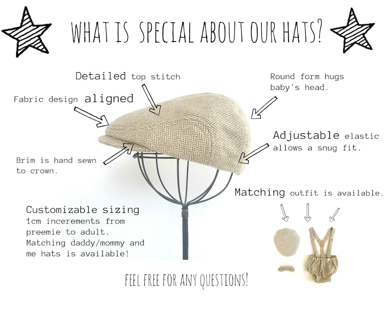 May include: A beige and brown tweed newsboy cap with a detailed top stitch and adjustable elastic band. The cap is displayed on a black stand. The text "WHAT IS SPECIAL ABOUT OUR HATS?" is written above the cap. The text "Fabric design aligned" is written to the left of the cap. The text "Detailed top stitch" is written above the cap. The text "Round form hugs baby's head" is written to the right of the cap. The text "Adjustable elastic allows a snug fit" is written to the right of the cap. The text "Brim is hand sewn to crown" is written below the cap. The text "Customizable sizing 1cm increments from preemie to adult. Matching daddy/mommy and me hats is available!" is written below the cap. The text "Matching outfit is available" is written below the cap. The text "FEEL FREE FOR ANY QUESTIONS!" is written below the cap.