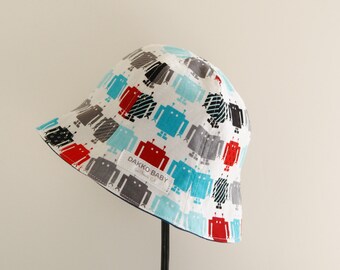 Robot Print Baby Sun Hat, Reversible Denim, Geek Gift (Made to Order)