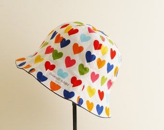 Baby girl sun hat - heart print cute denim reversible summer hat - made to order